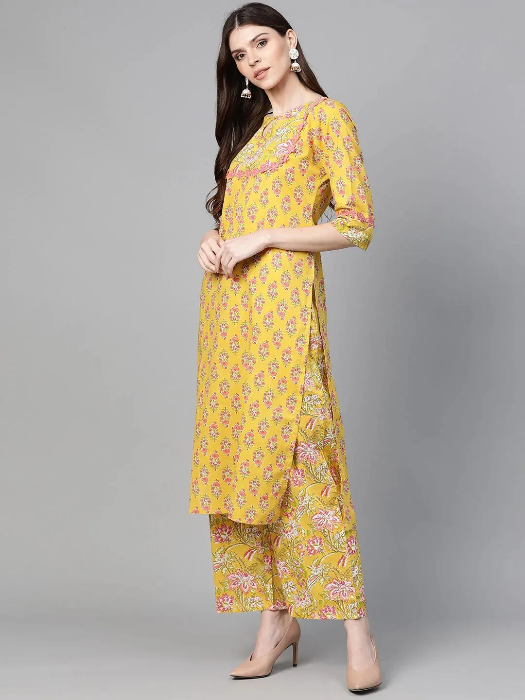 Women'S Mustard Yellow & Coral Pink Floral Print Kurta With Palazzos