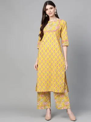 Women'S Mustard Yellow & Coral Pink Floral Print Kurta With Palazzos