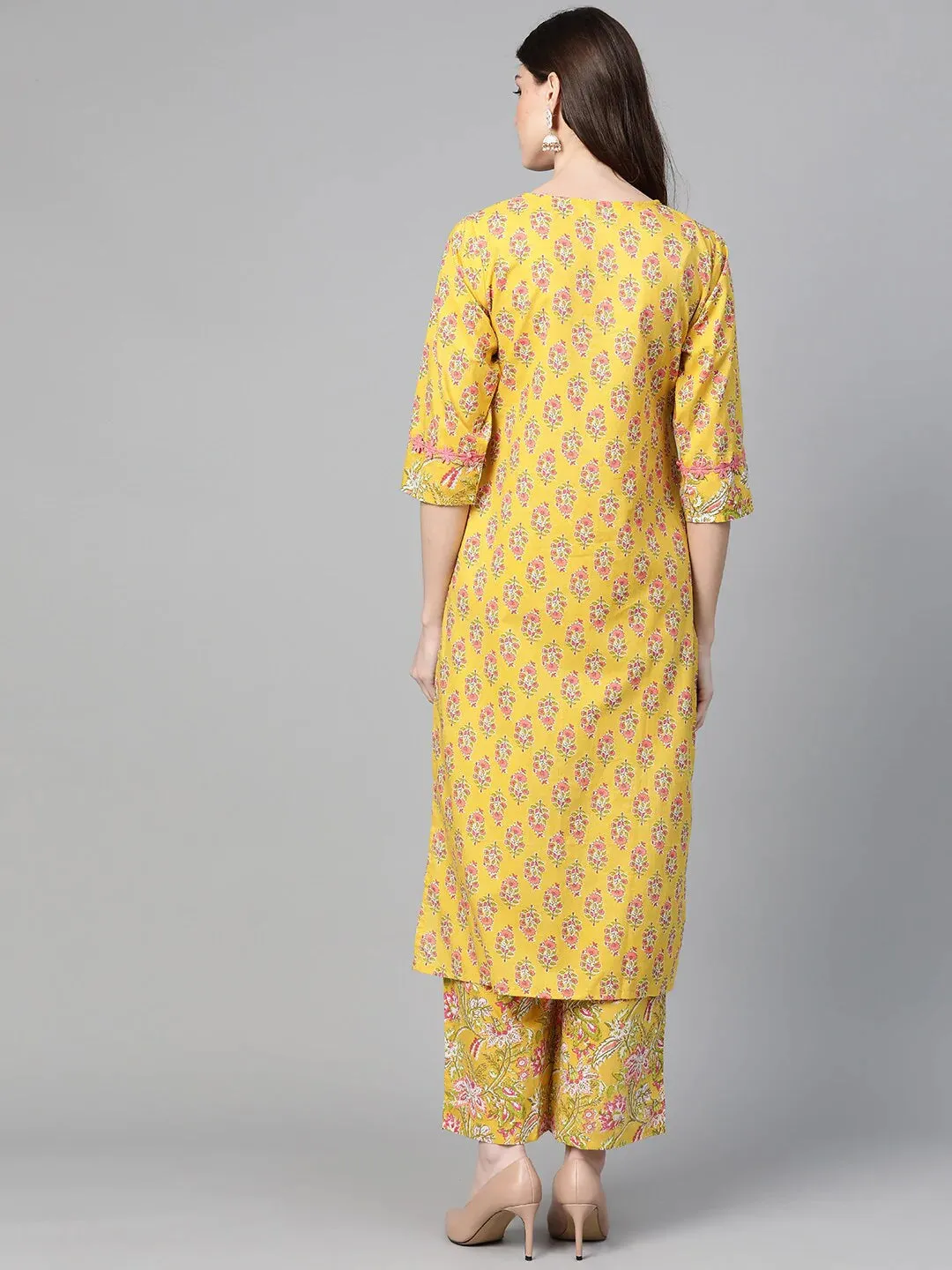 Women'S Mustard Yellow & Coral Pink Floral Print Kurta With Palazzos