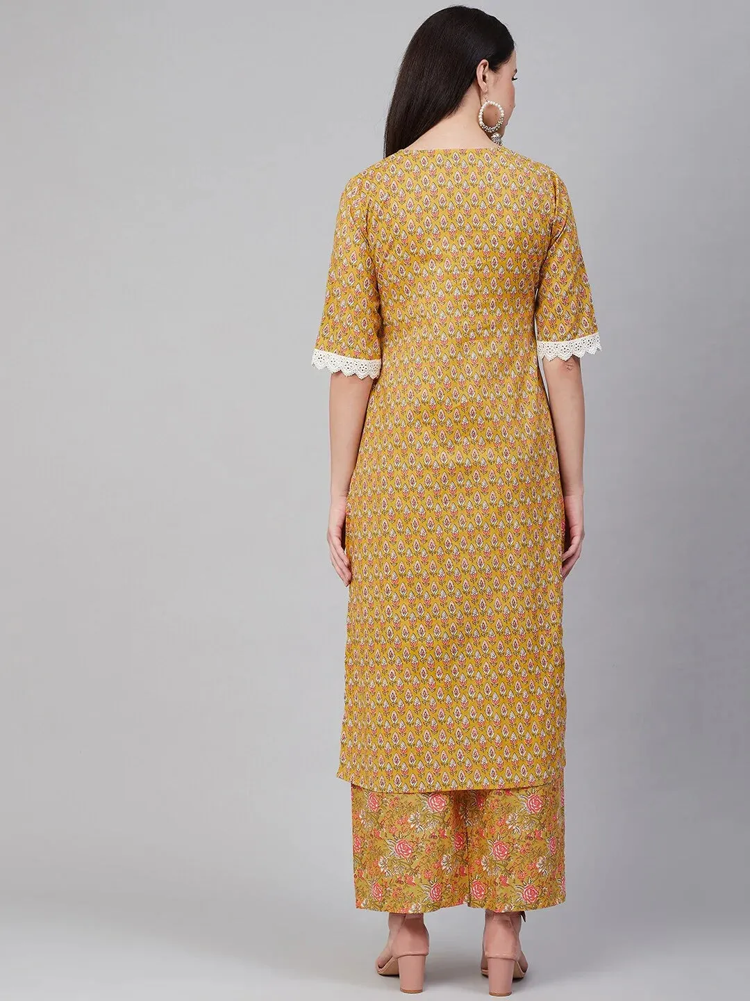 Women'S Mustard Yellow & Pink Printed Kurta With Palazzos