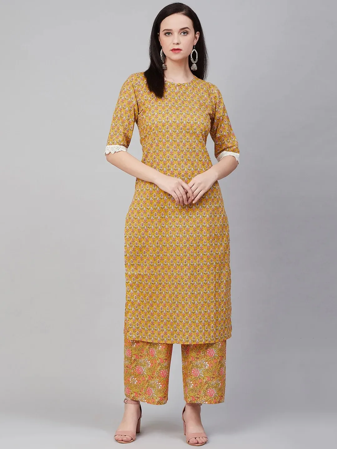 Women'S Mustard Yellow & Pink Printed Kurta With Palazzos