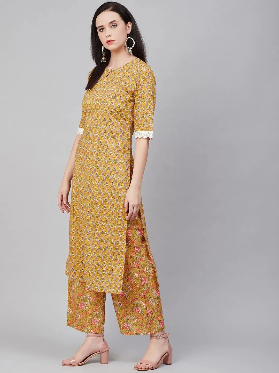 Women'S Mustard Yellow & Pink Printed Kurta With Palazzos