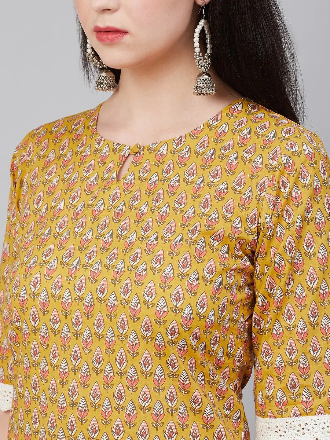 Women'S Mustard Yellow & Pink Printed Kurta With Palazzos