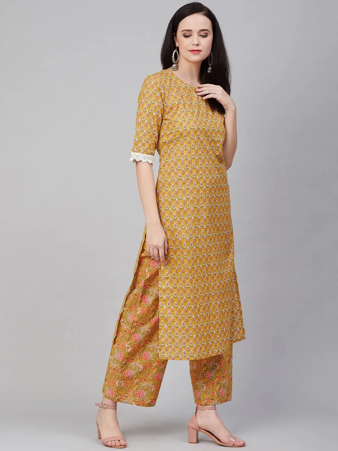 Women'S Mustard Yellow & Pink Printed Kurta With Palazzos