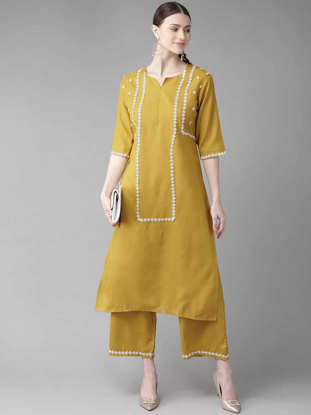 Women'S Mustard Yellow Yoke Design Kurta With Palazzos