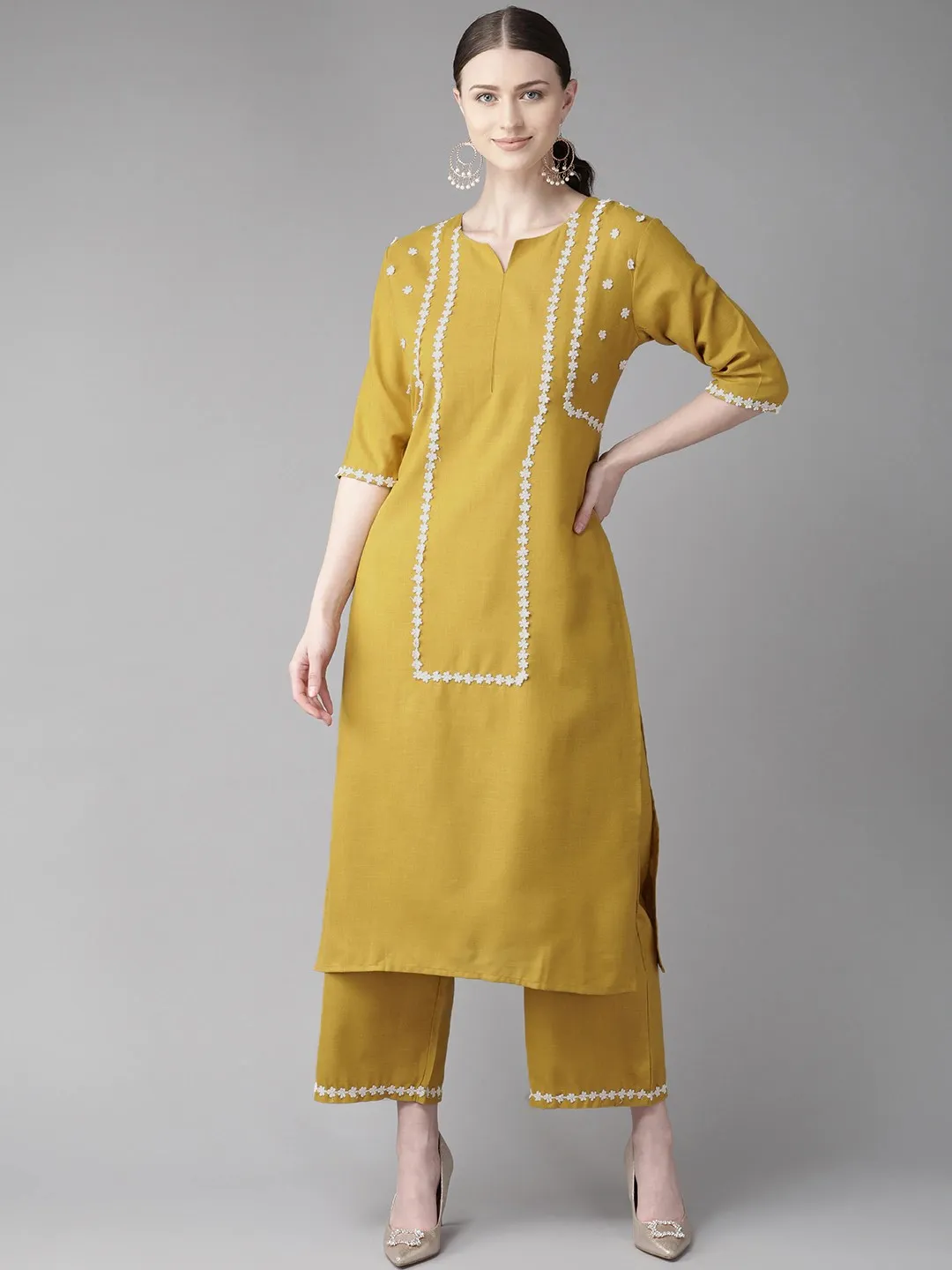 Women'S Mustard Yellow Yoke Design Kurta With Palazzos