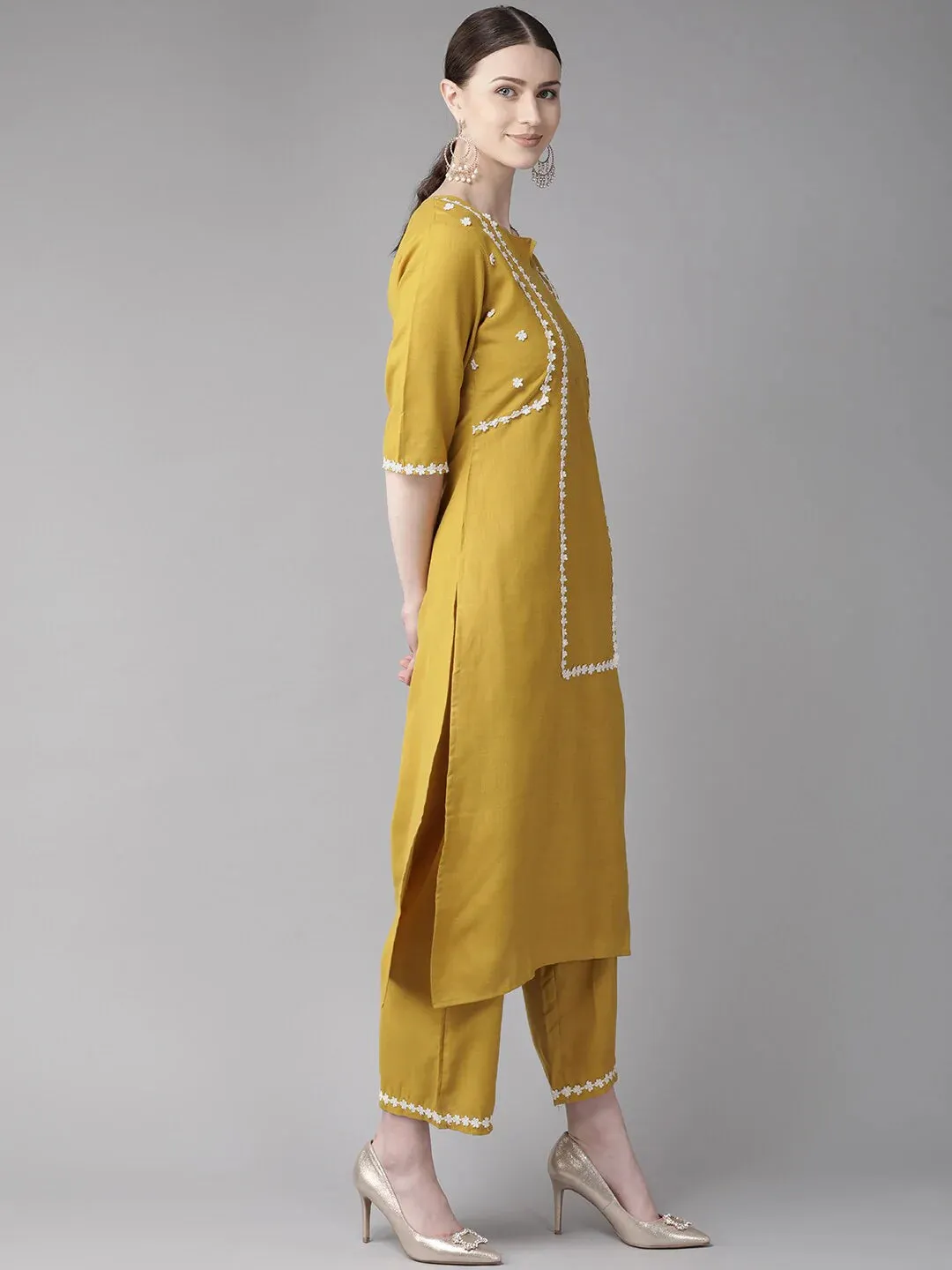 Women'S Mustard Yellow Yoke Design Kurta With Palazzos