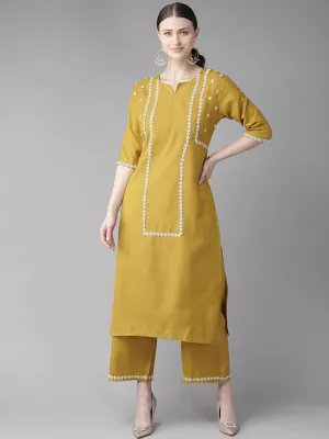 Women'S Mustard Yellow Yoke Design Kurta With Palazzos