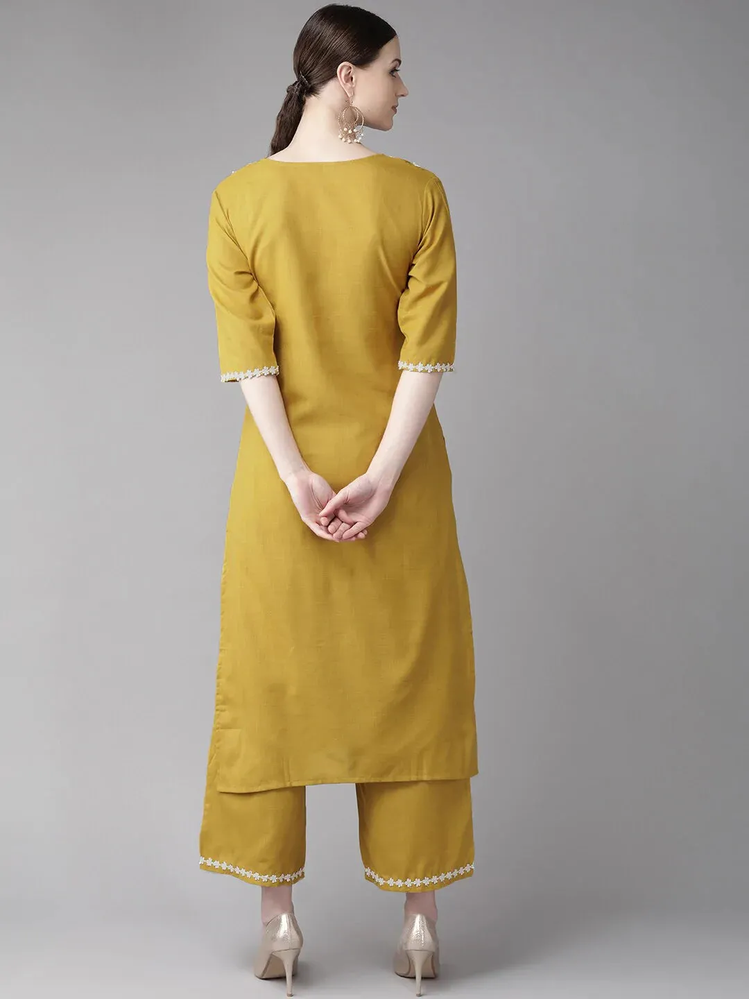 Women'S Mustard Yellow Yoke Design Kurta With Palazzos