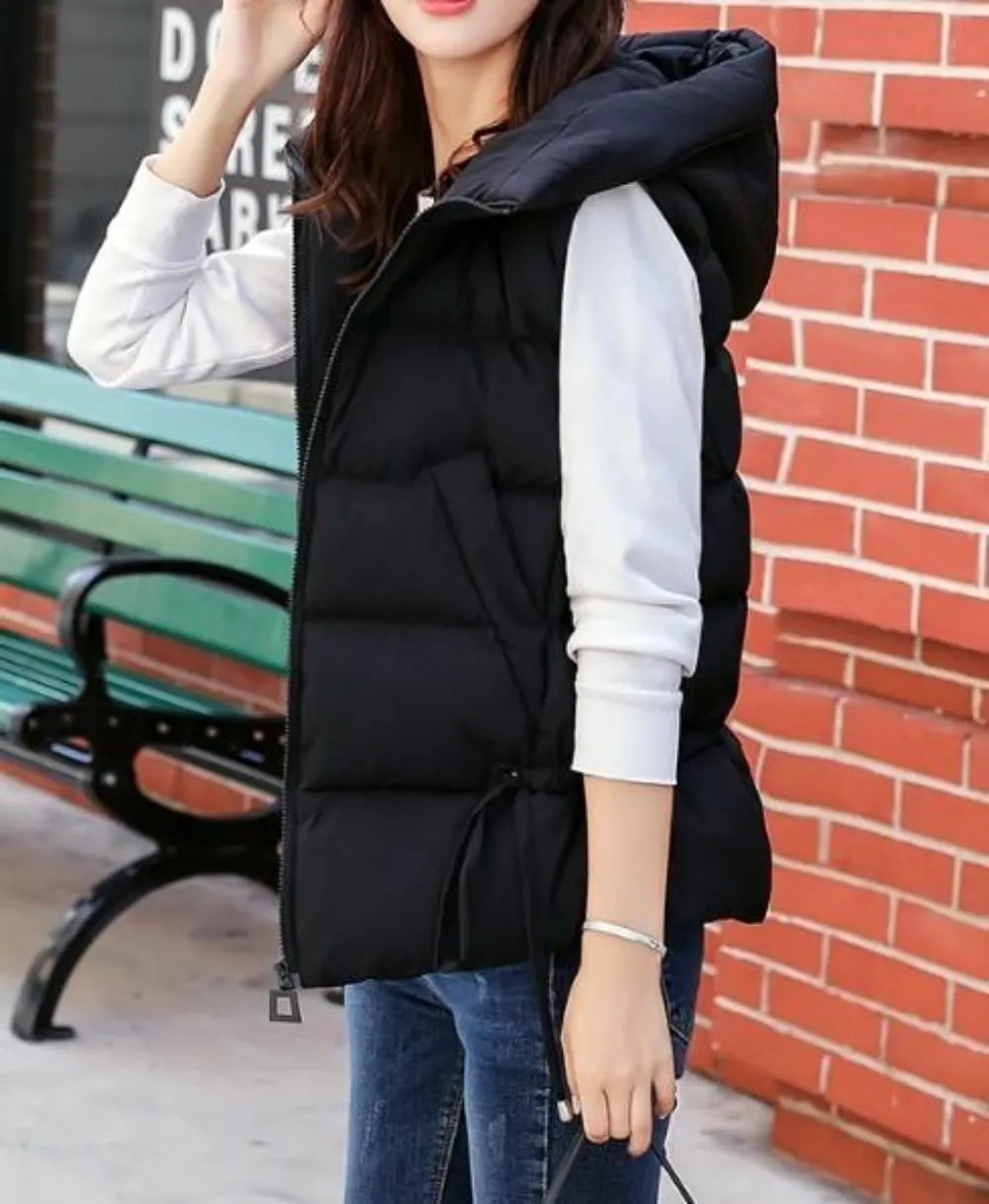 Womens Short Zipped Up Puffer Hooded Vest in Black