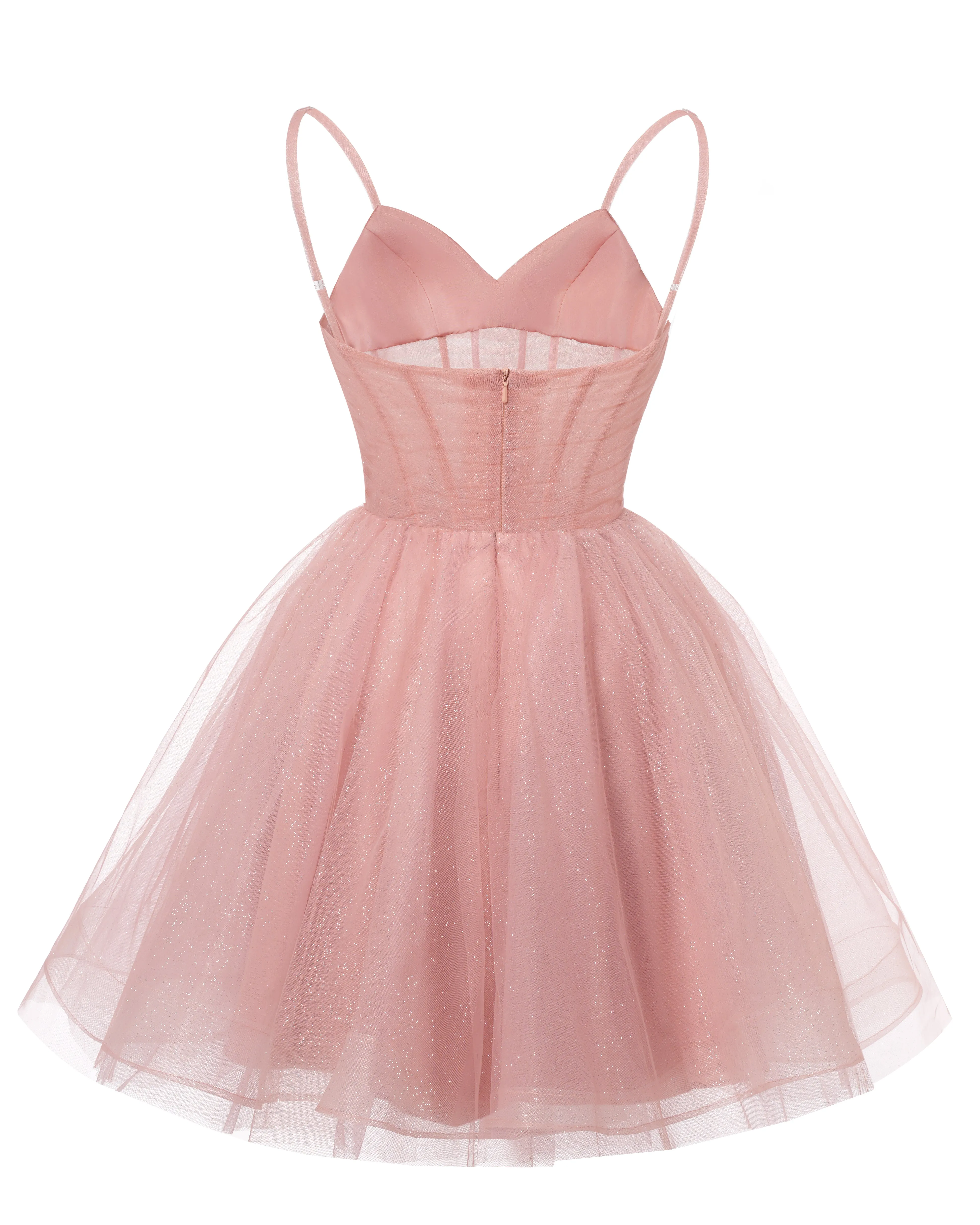 Women's V Neck Tulle Spaghetti Straps Blush Pink Homecoming Dresses with Corset Back Short Prom Gowns for Teens