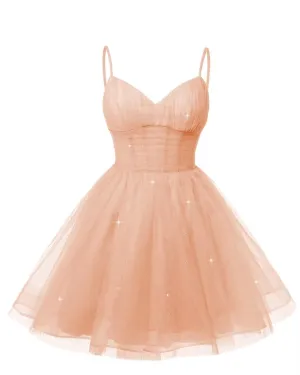 Women's V Neck Tulle Spaghetti Straps Blush Pink Homecoming Dresses with Corset Back Short Prom Gowns for Teens