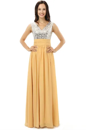 Yellow Chiffon Silver Sequins V-neck Backless Bridesmaid Dresses