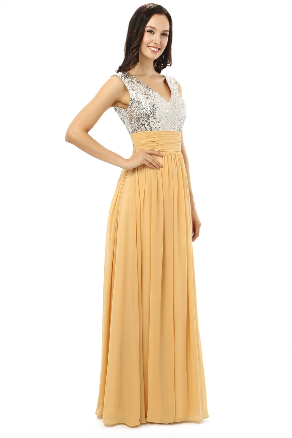 Yellow Chiffon Silver Sequins V-neck Backless Bridesmaid Dresses