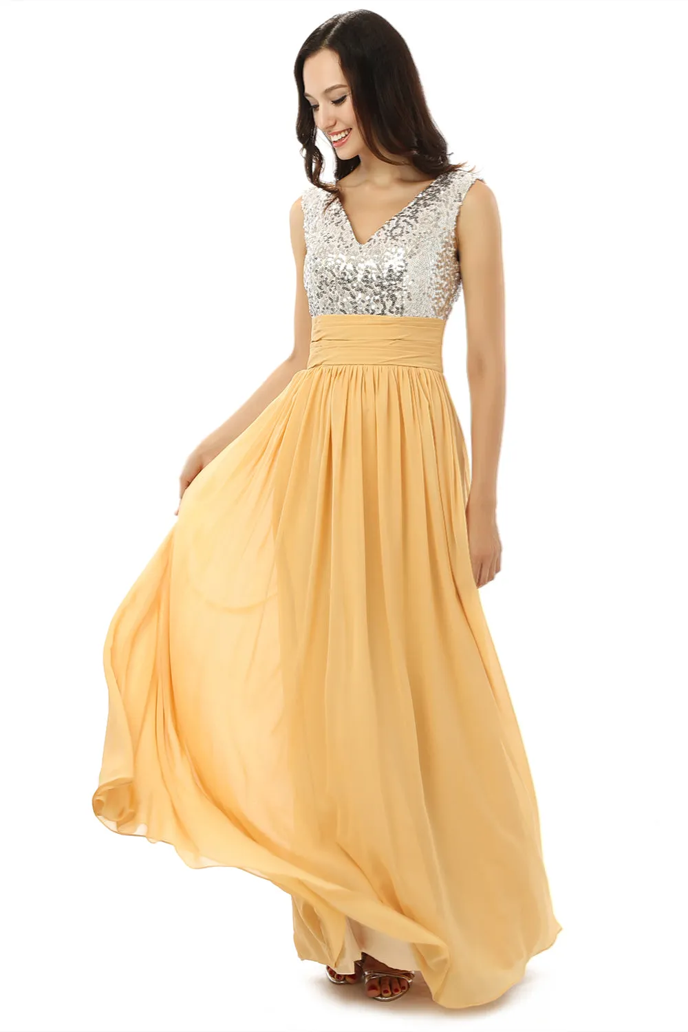 Yellow Chiffon Silver Sequins V-neck Backless Bridesmaid Dresses