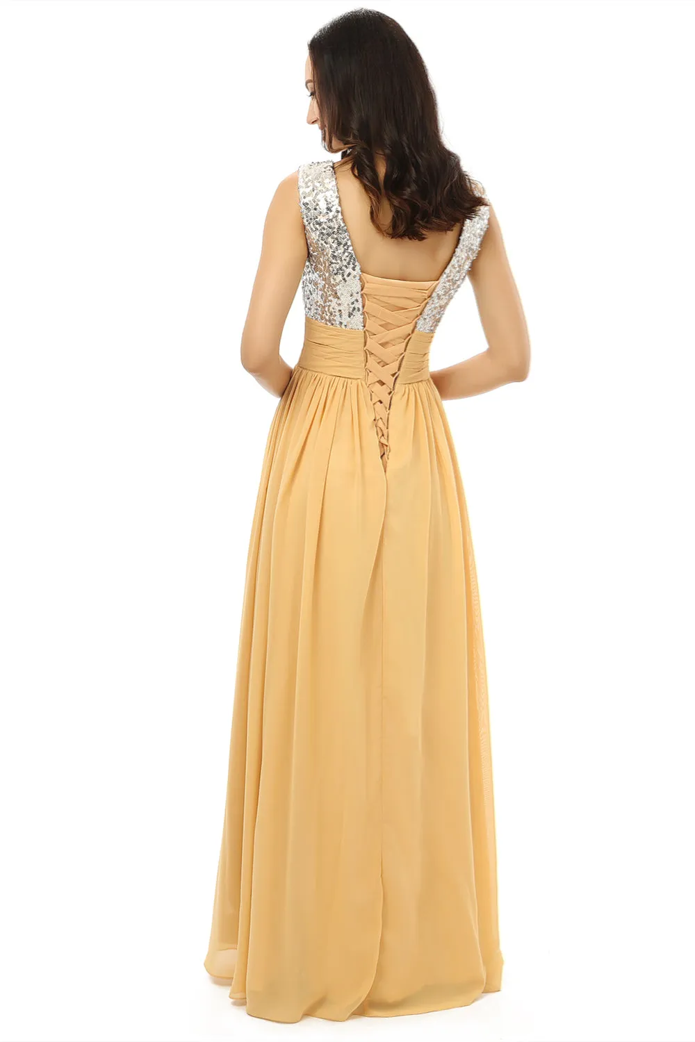 Yellow Chiffon Silver Sequins V-neck Backless Bridesmaid Dresses