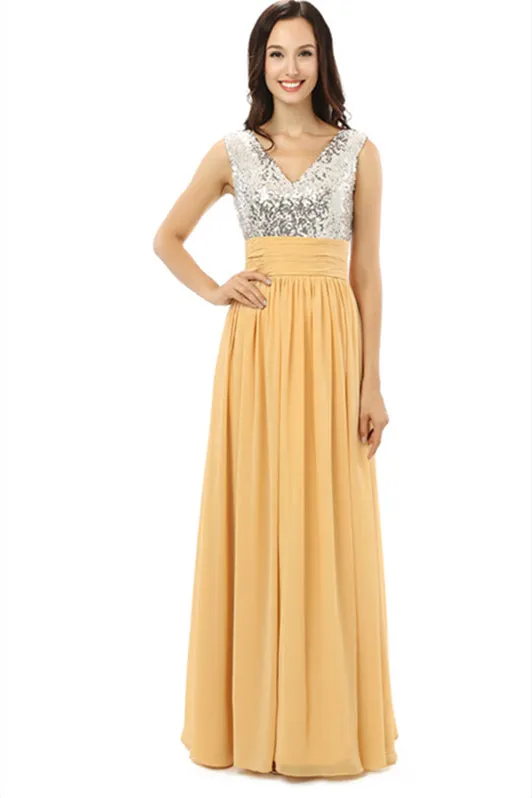 Yellow Chiffon Silver Sequins V-neck Backless Bridesmaid Dresses