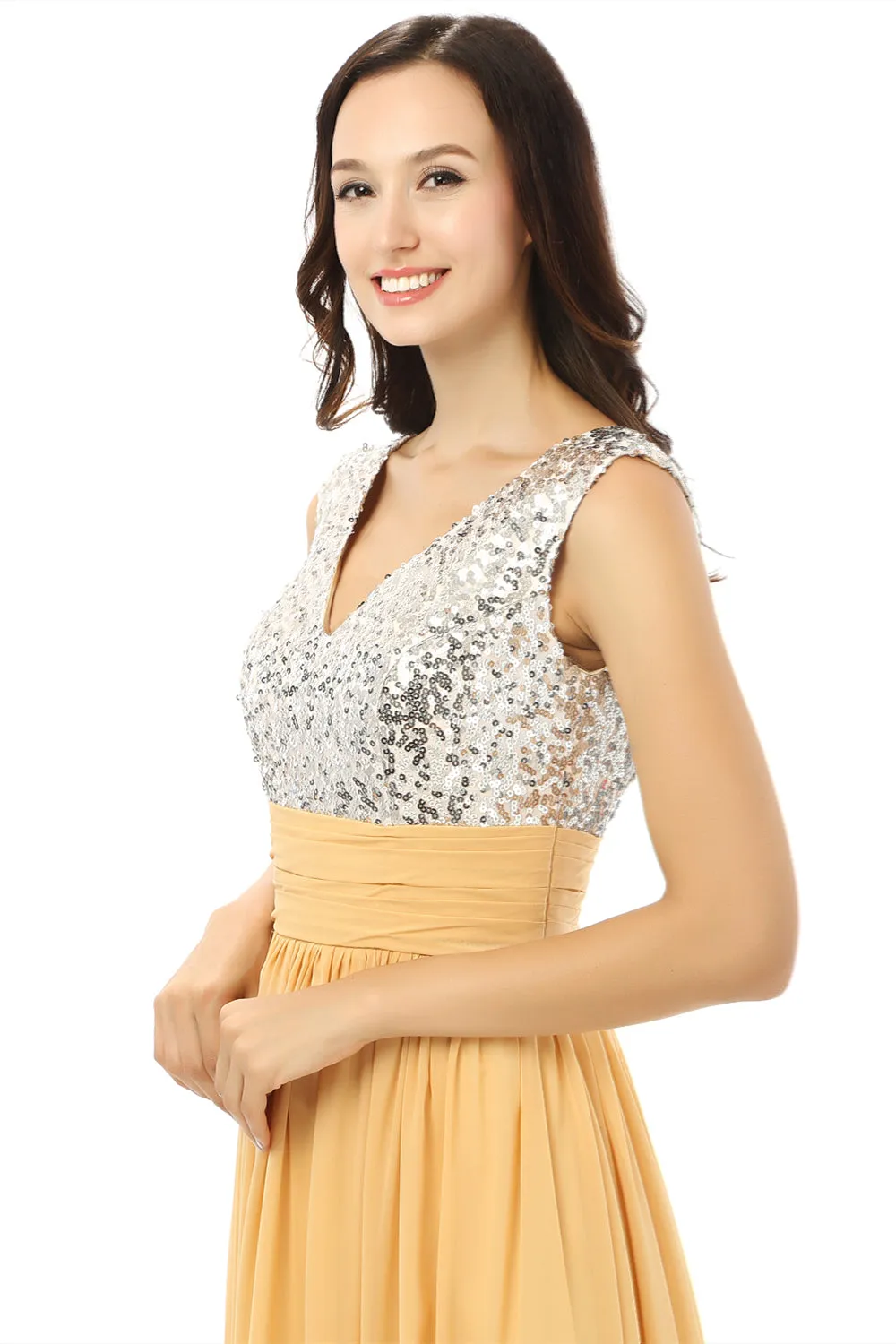 Yellow Chiffon Silver Sequins V-neck Backless Bridesmaid Dresses