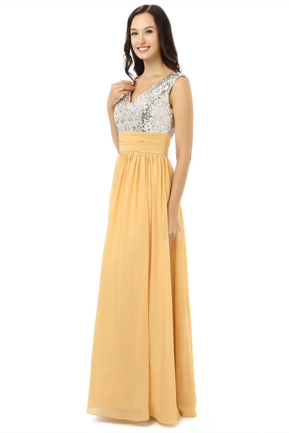 Yellow Chiffon Silver Sequins V-neck Backless Bridesmaid Dresses