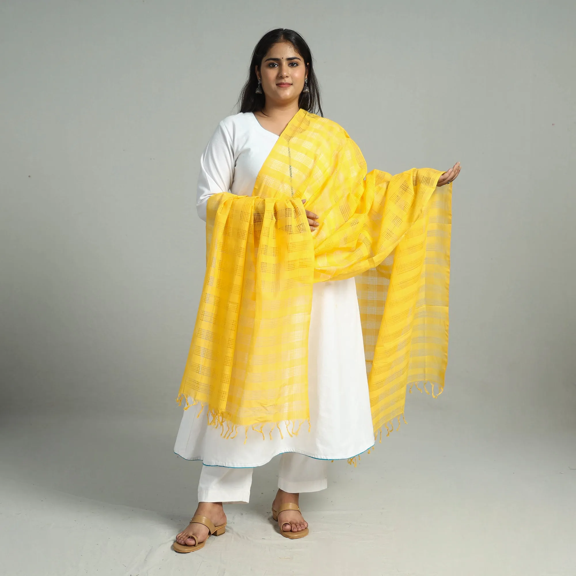 Yellow - Handloom Missing Checks Cotton Mangalagiri Dupatta 04