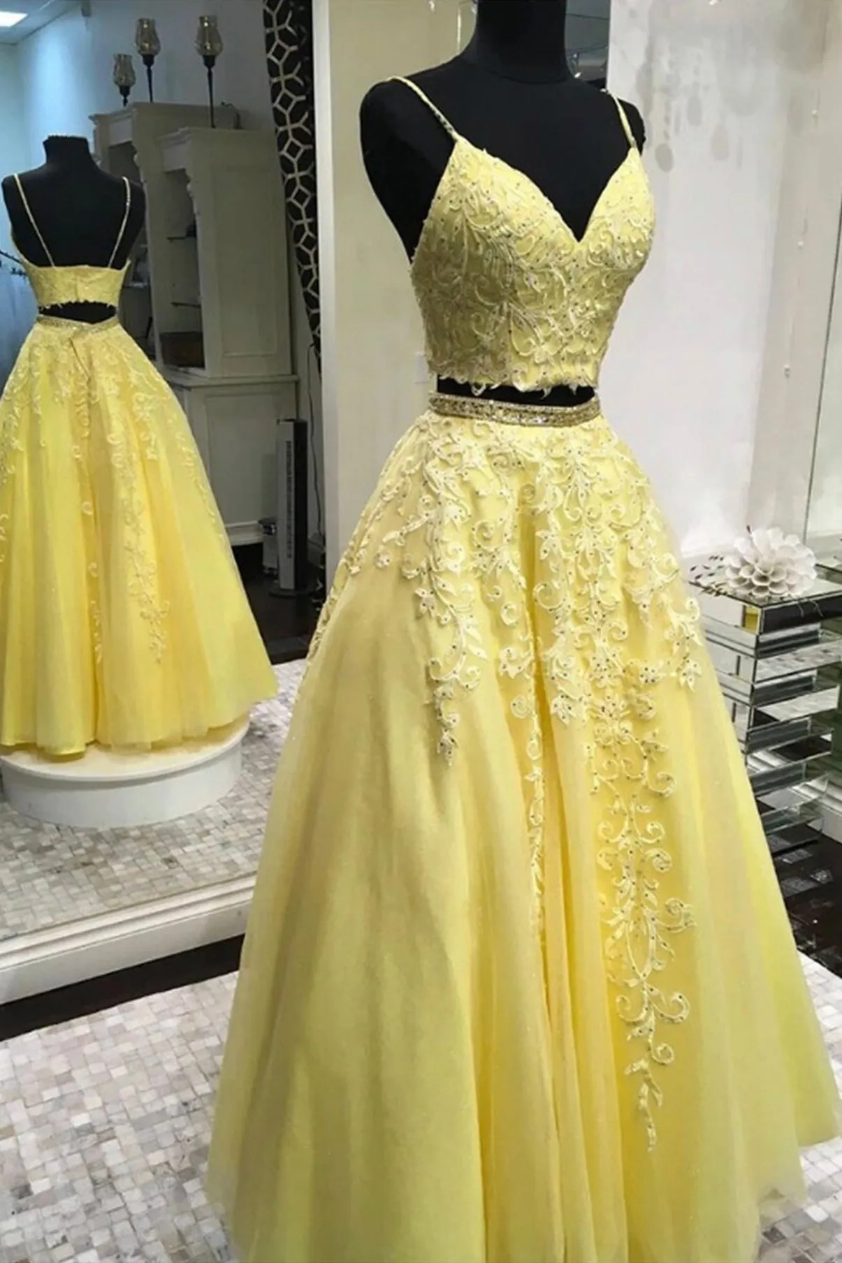 Yellow Lace Long Prom Dresses Two Pieces Evening Dresses