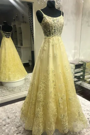 Yellow Lace Long Prom Dresses Yellow Spaghetti Straps Graduation Dresses