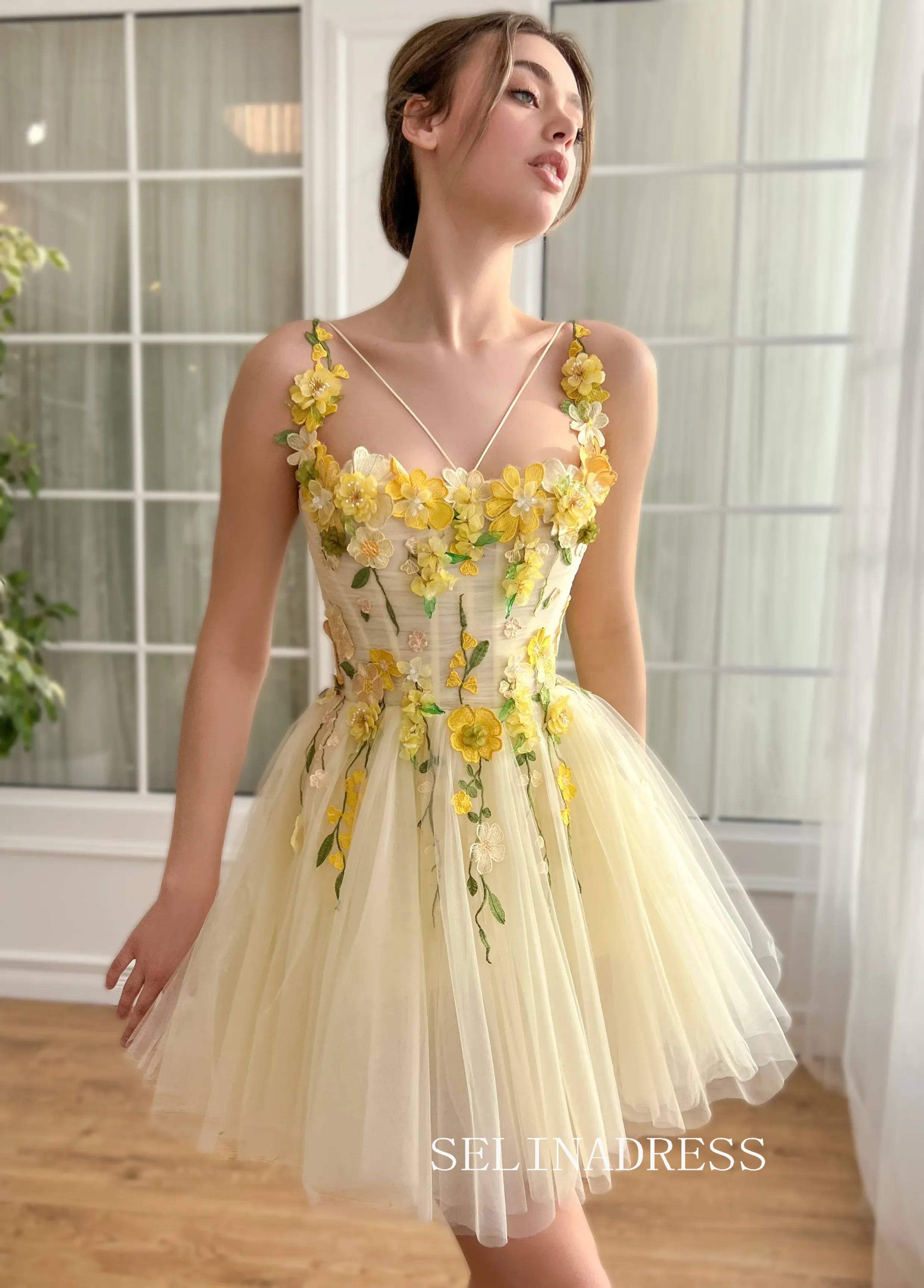 Yellow Short Homecoming Dress Tulle Short Prom Dresses Princess Gowns EWR315